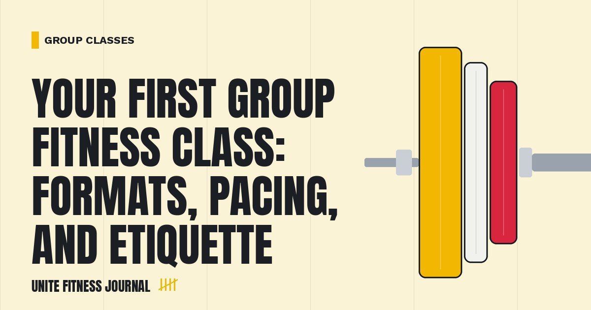 Loaded barbell cover graphic for: Your First Group Fitness Class: Formats, Pacing, and Etiquette